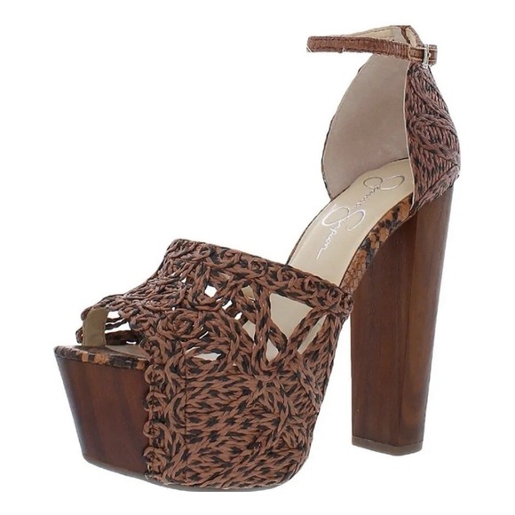 New Jessica Simpson Dessie Platform Sandal Heeled Sz 12 Caramel Black Rattan - Picture 1 of 7